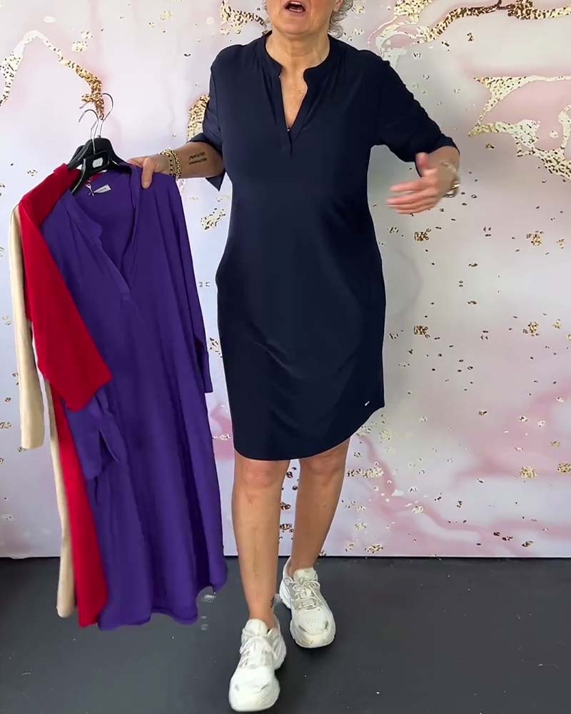 Hanneke | Solid Dress with V-Neck
