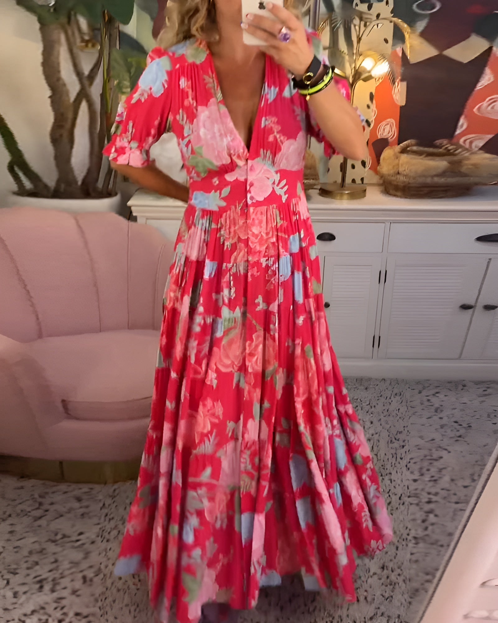 Carine | V-Neck Floral Print Dress with Pockets