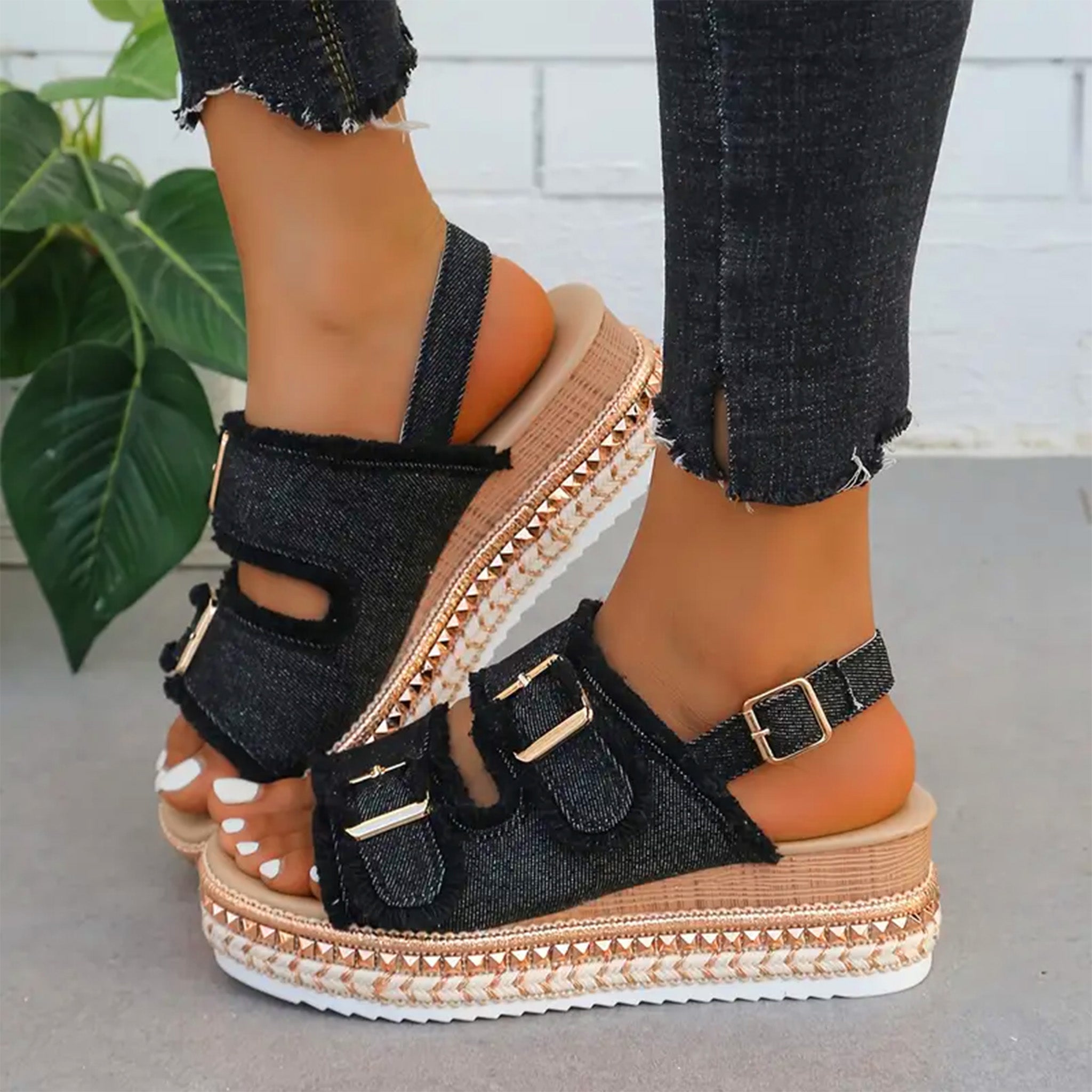 Elena | Chic Denim Wedge Sandals