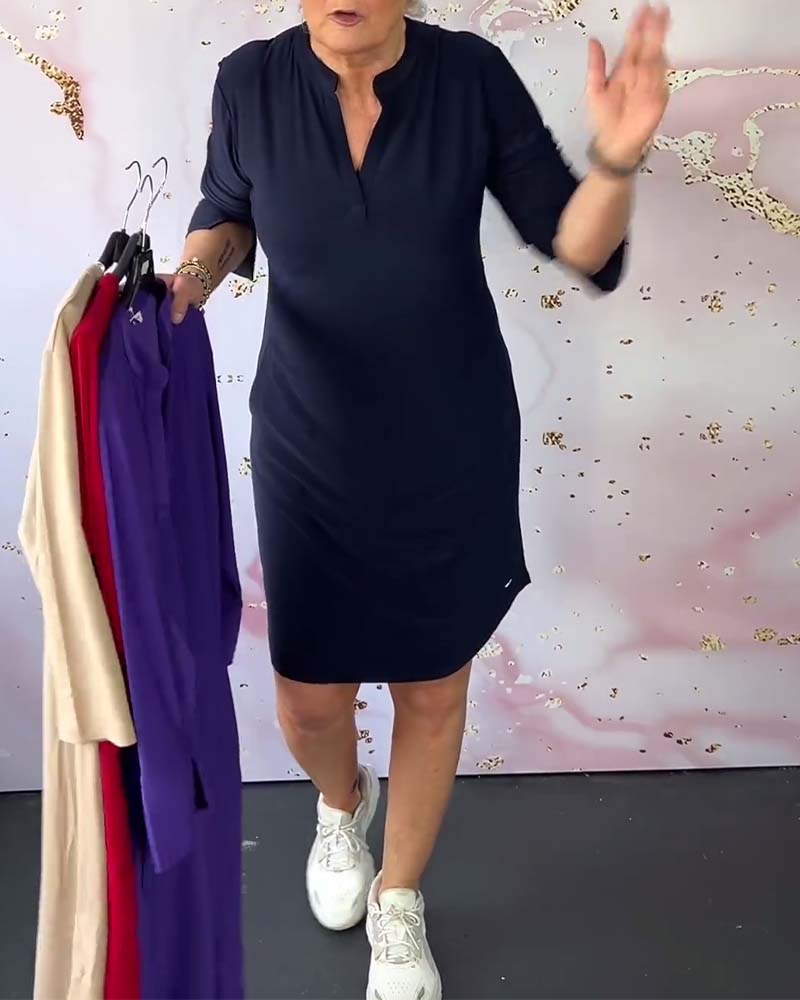 Hanneke | Solid Dress with V-Neck