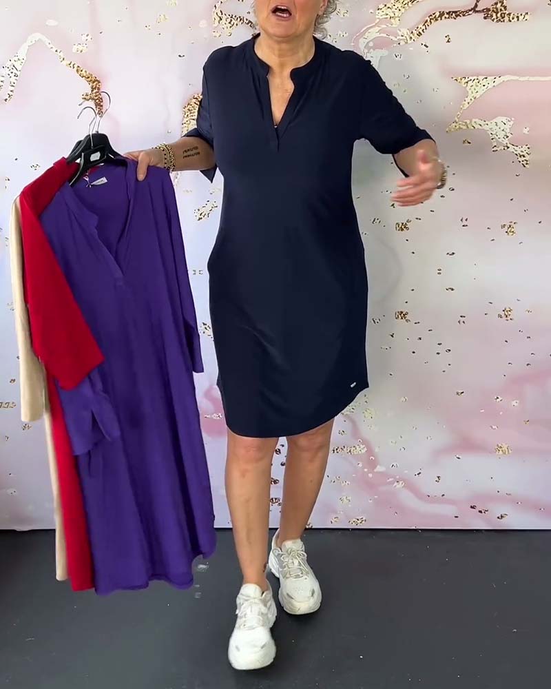 Hanneke | Solid Dress with V-Neck