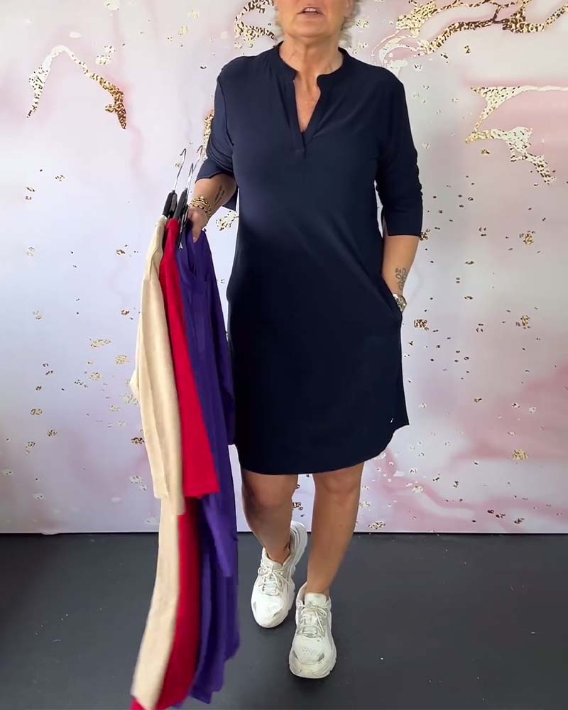 Hanneke | Solid Dress with V-Neck