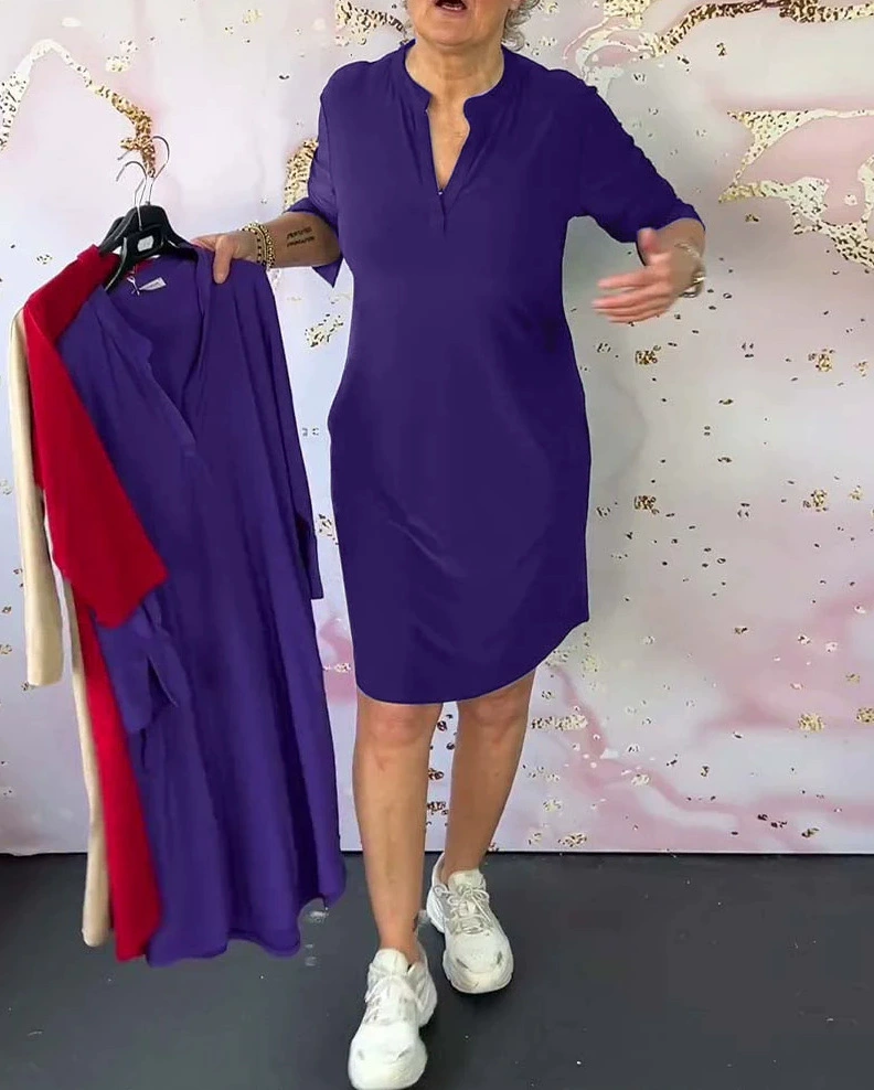 Hanneke | Solid Dress with V-Neck